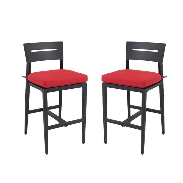 Black Aluminum Outdoor Bar Stool with Red Cushion, Ergonomic Backrest, Tapered Legs and Footrest (2-Pack)