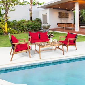 4-pieces Wicker Patio Conversation Set Rattan Acacia Wood Frame Furniture Set with Coffee Table and Red Cushions