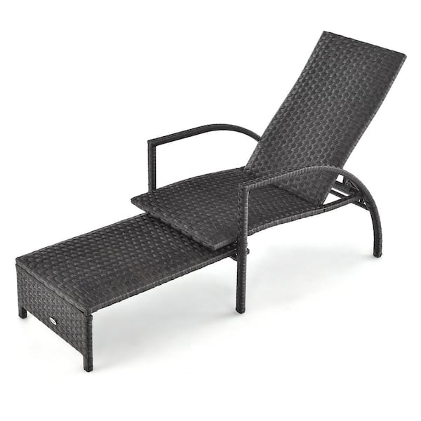 Costway Patio Wicker Elastic Sponge Lounge Chair Back Adjustable with Retractable Ottoman