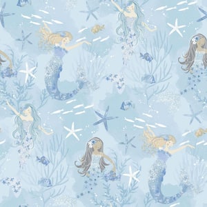 Tiny Tots 2-Collection Blue/Purple Glitter Finish Kids Mermaid Design Non-Woven Paper Wallpaper Roll