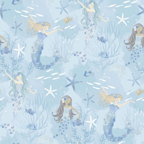 Unbranded Tiny Tots 2-Collection Blue/Purple Glitter Finish Kids Mermaid Design Non-Woven Paper Wallpaper Roll