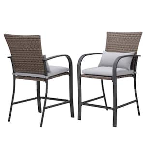 Brown Wicker Outdoor Dining Chair with Gray Cushions (2-Pack)