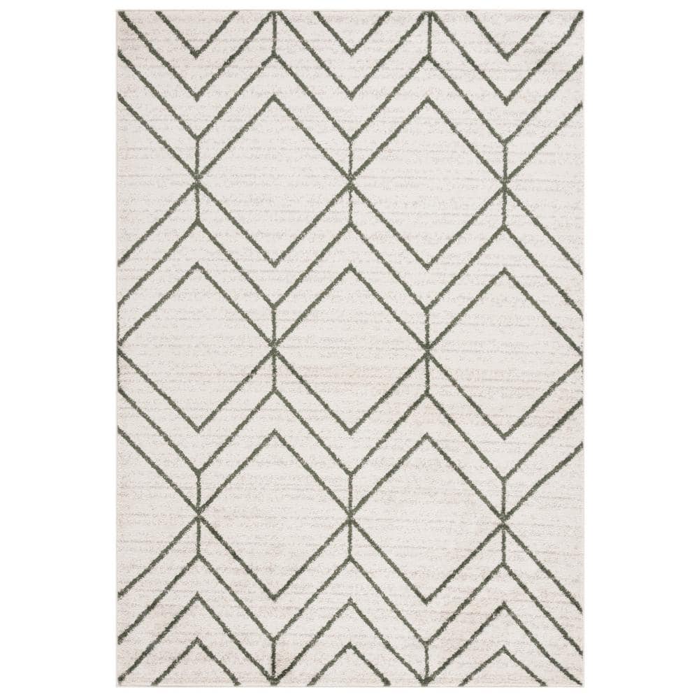 Ivory and Dark Green Geometric Synthetic Area Rug