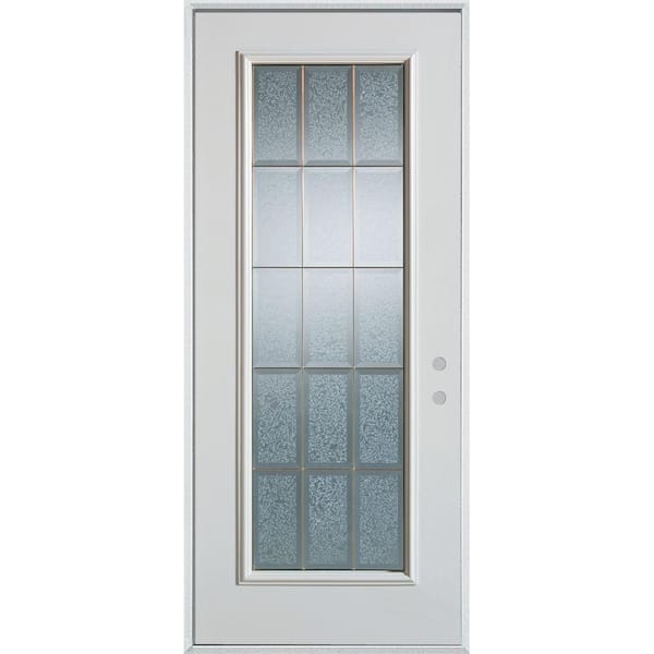 Stanley Doors 32 in. x 80 in. Geometric Clear and Brass Full Lite Painted White Left-Hand Inswing Steel Prehung Front Door