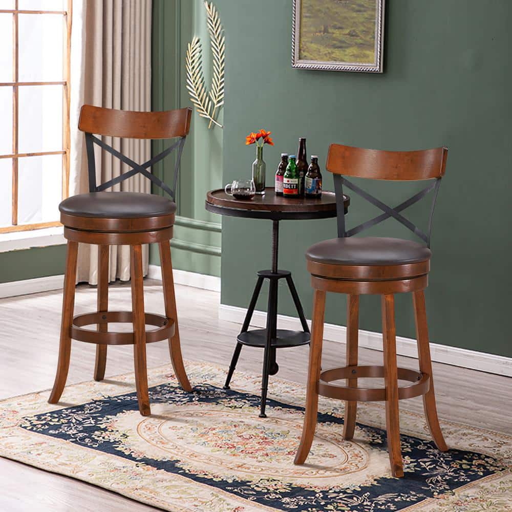 Set of 2 Walnut and Black Swivel Bar Stools with Rubberwood Legs
