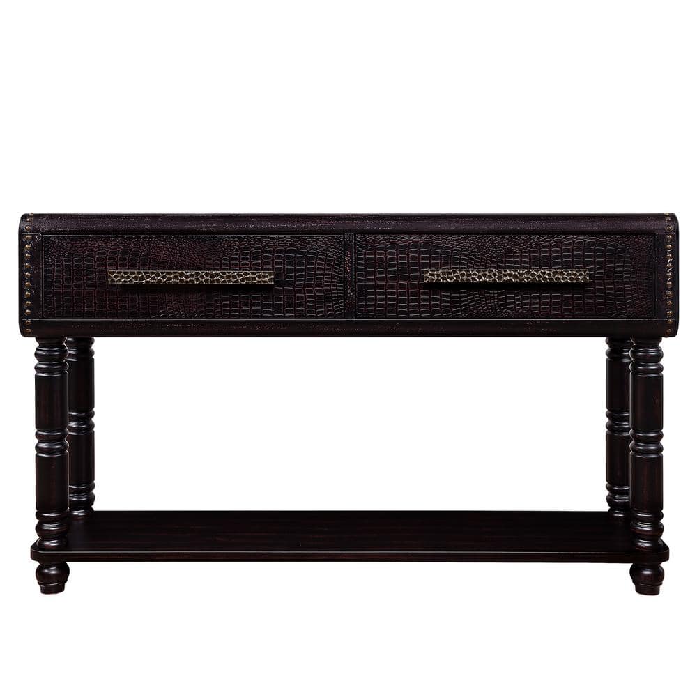 54 in. Distressed Black Rectangle Pine Wood Console Table with 2-Drawers an