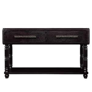54 in. Distressed Black Rectangle Pine Wood Console Table with 2-Drawers and 2-Power Outlets and USB Ports Easy Assembly