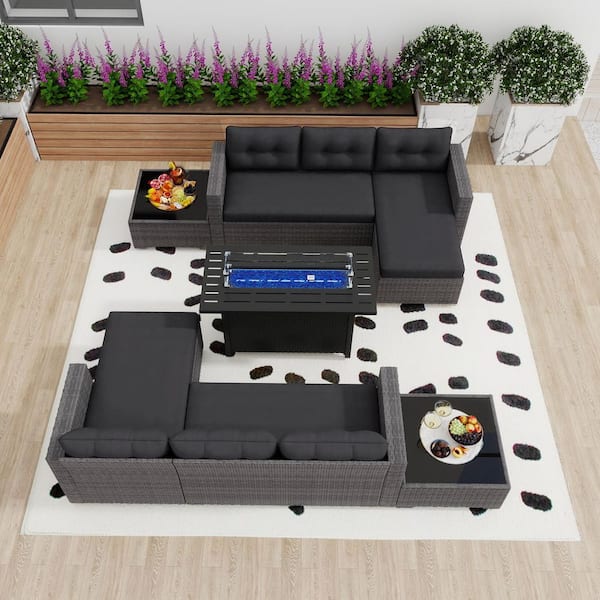 7-Piece Wicker Grey Outdoor Conversation Set Patio Sectional Seating Set with Firepit Table, Dark Grey Cushions