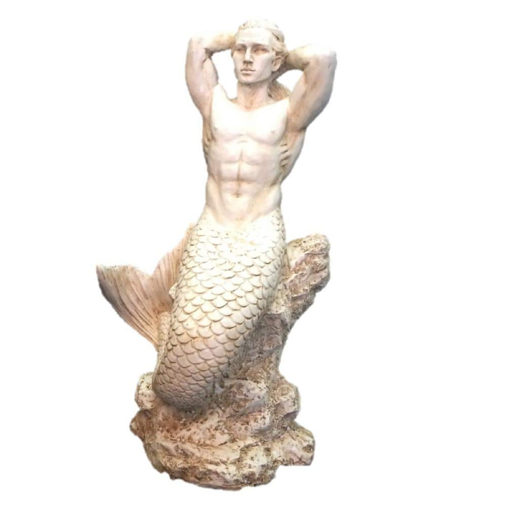 HOMESTYLES 21 in. H Antique White Sexy Merman Mermaid Sitting on Rock Nautical Beach Statue