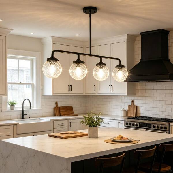 Lume 33 in. 4-Light Modern Industrial Black Linear Chandelier with Clear Cracked Glass for Kitchen Island Dining Room