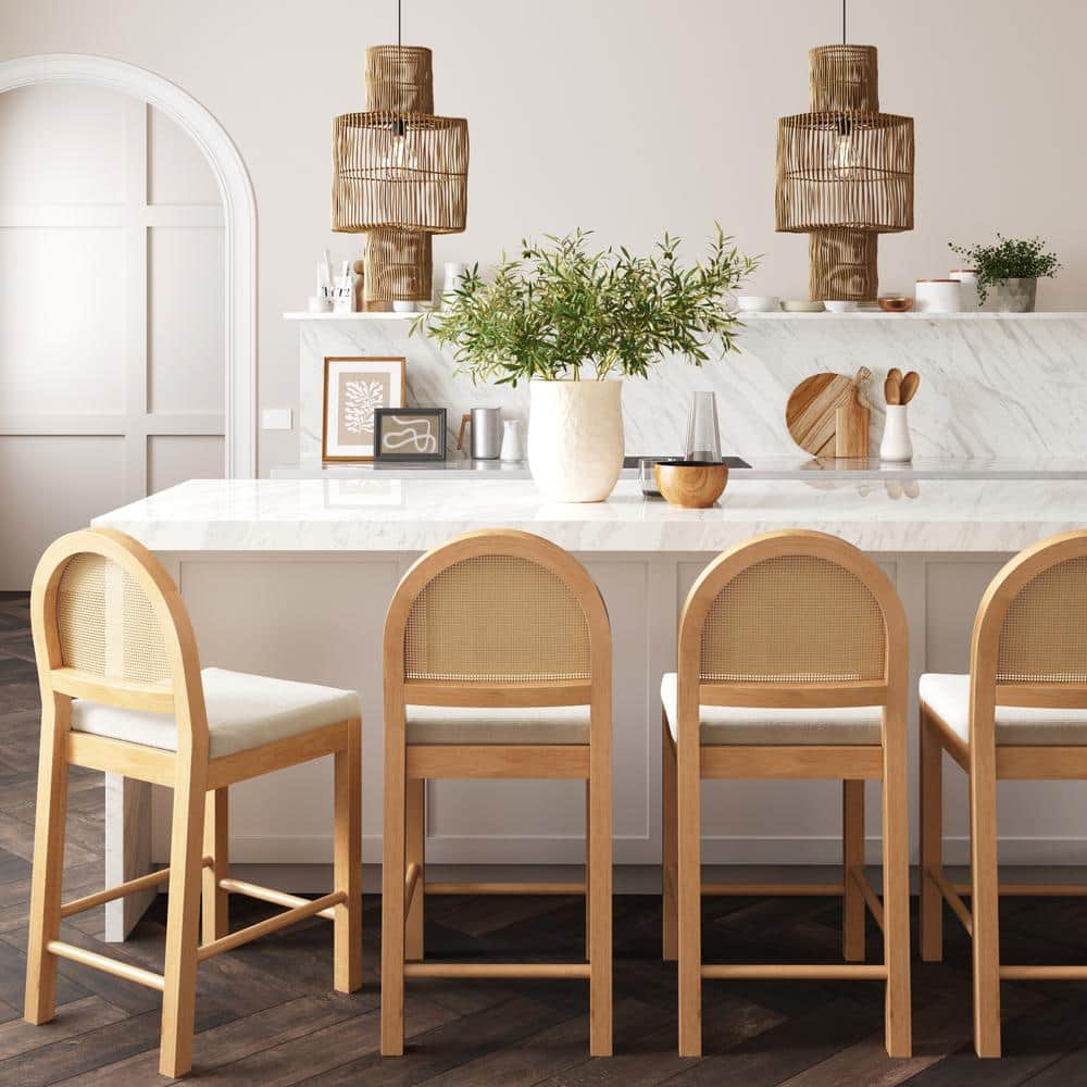 Bailey Light Oak and Rattan Counter Height Bar Stools, Set of 4