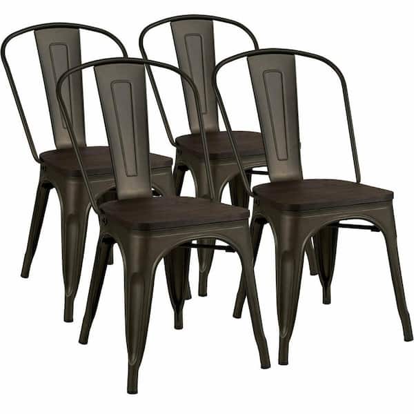 FORCLOVER Gun Tolix Stackable Metal Dining Chairs with Wooden Seat Set of 4