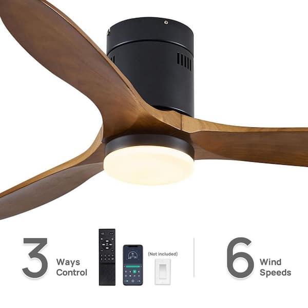 52 in. Smart Black and Brown Wood Flush Mount Standard Ceiling Fan with Dimmable Integrated LED and Remote Control
