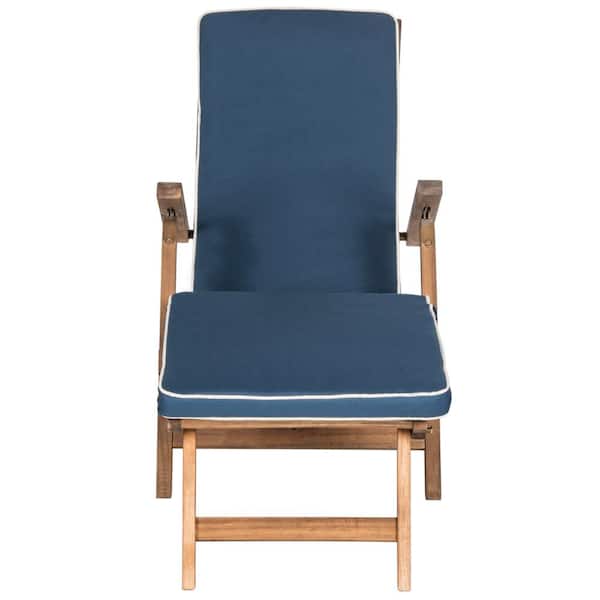 SAFAVIEH Palmdale Natural Brown Folding Wood Outdoor Lounge Chair with Navy Cushion