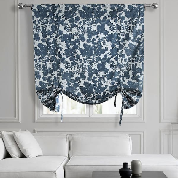 Exclusive Fabrics & Furnishings Fleur Blue Printed Cotton Rod Pocket Room Darkening Tie-Up Window Shade - 46 in. W x 63 in. L (1 Panel)