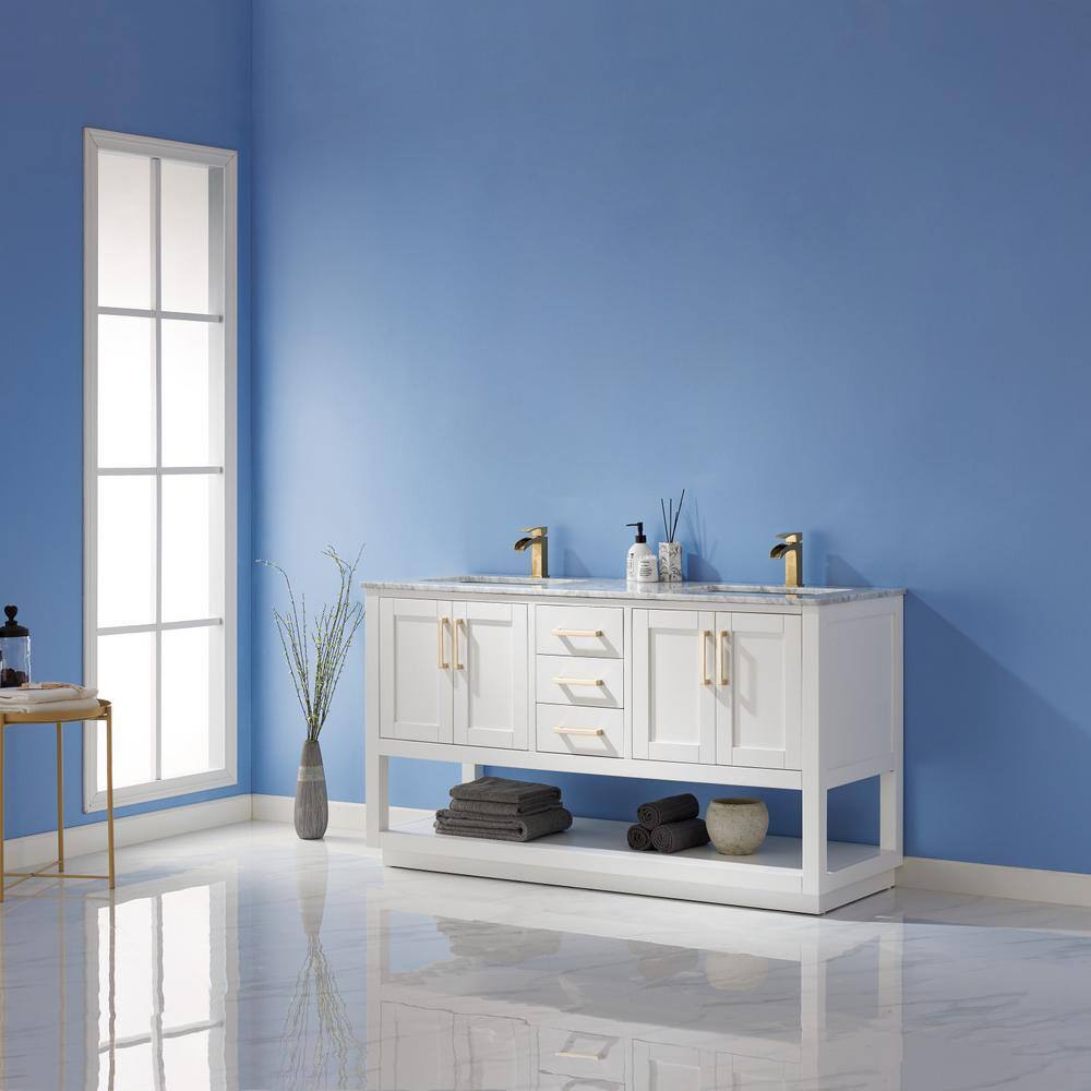 Remi 60" White Marble Double Vanity with Gold Hardware