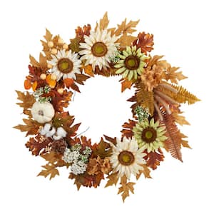 30 in. Orange Autumn Sunflower, White Pumpkin and Berries Artificial Fall Wreath