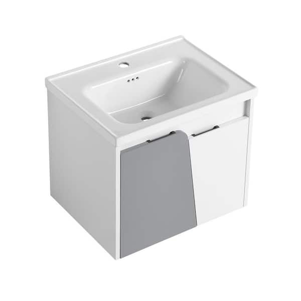 23.80 in. W x 18.50 in. D x 20.70 in. H Floating Wall-Mounted Bath Vanity in White with White Ceramic Top