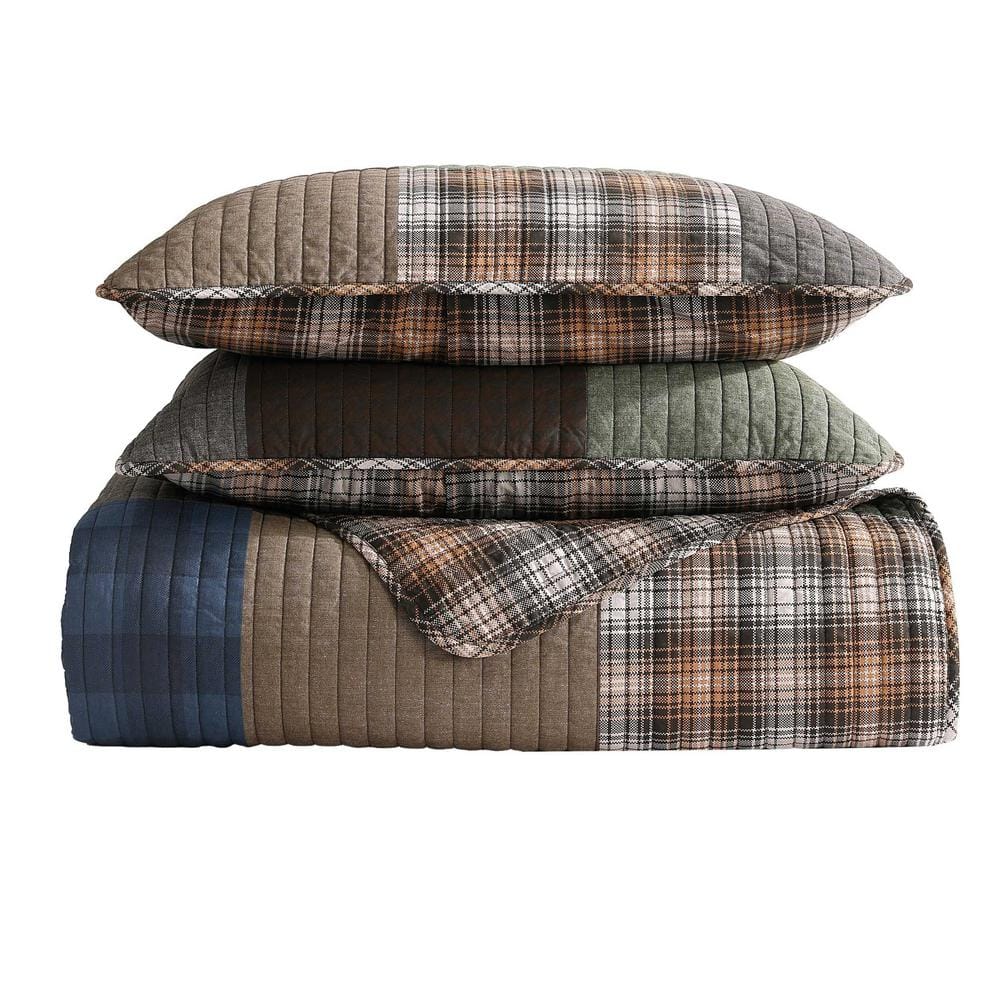 Full Brown Cotton Reversible Patchwork Quilt Set