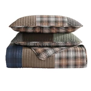 Classic Patchwork 3-Piece Olive Green/Camel Beige/Brown Cotton Full/Queen Quilt Set