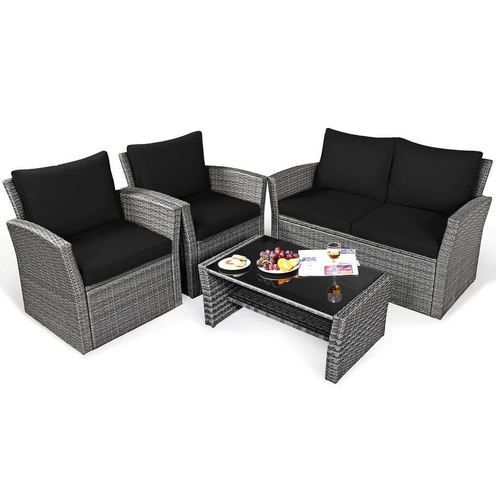 Costway 4 pcs outdoor patio rattan wicker furniture set table sofa cushioned deck black best sale