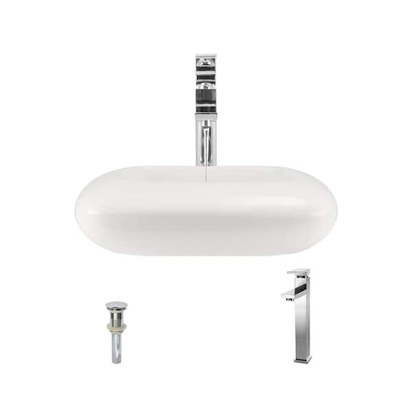 Bundle - 3 Items: Sink, Faucet, and Pop Up Drain MR Direct V110-Bisque Porcelain Vessel Sink Chrome Ensemble with 721 Vessel Faucet 