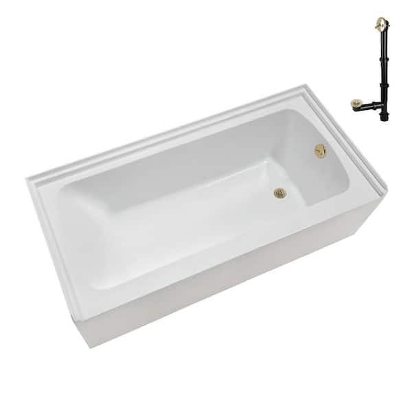Streamline 60 in. x 30 in. Soaking Acrylic Alcove Bathtub with Right Drain in Glossy White, External Drain in Polished Brass