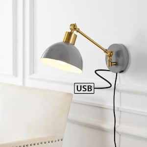 Lisa 18 in. Swing Arm 1-Light Grey/Brass Gold Modern Midcentury Iron USB Charging Port LED Wall Sconce
