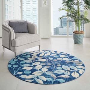 Tranquil Navy Blue 5 ft. x 5 ft. Floral Modern Round Area Rug