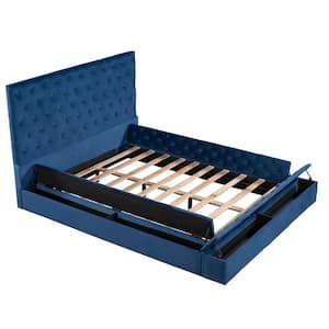 76.70 in. W Blue Queen Wood Frame L-Shaped Storage Platform Bed