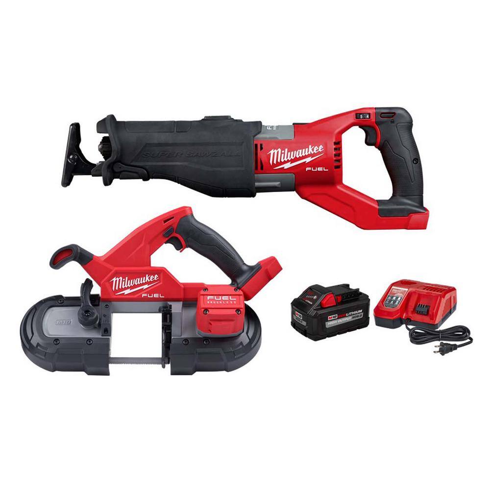 Milwaukee M18 FUEL 18V Lithium-Ion Brushless Cordless Super SAWZALL Saw w/Compact Bandsaw & 8.0ah Starter Kit