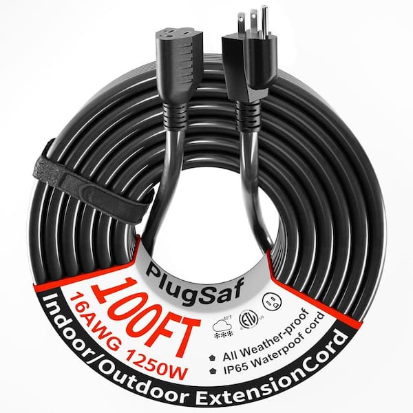 100 ft. 16 / 3-Extension Cord Outdoor with Waterproof Flame Retardant, Flexible 3-Prong Electrical Cord in Black
