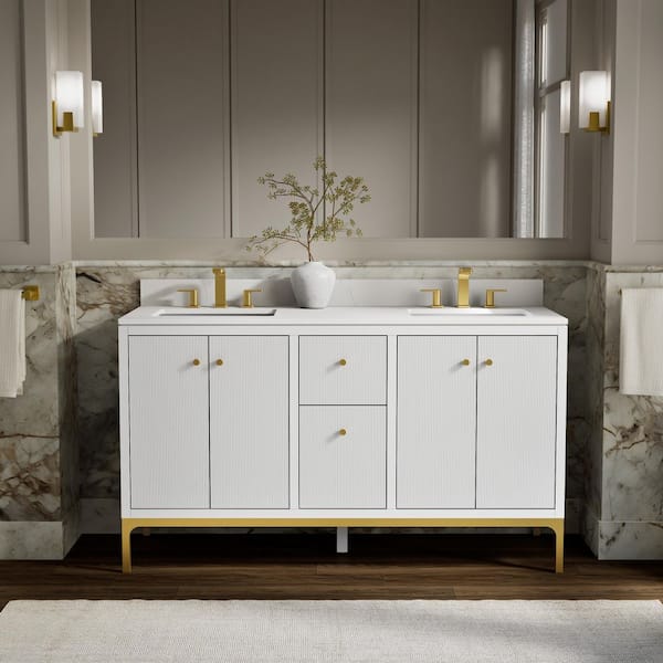KOHLER Calpa 60 in. Double SinkWhite Bath Vanity Cabinet with Sinks and Quartz Top
