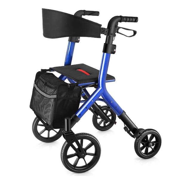 4-Wheel Rollator Walker with Height-Adjustable Seat and 10 in. Wheels in Blue, Compact Folding Design for Seniors