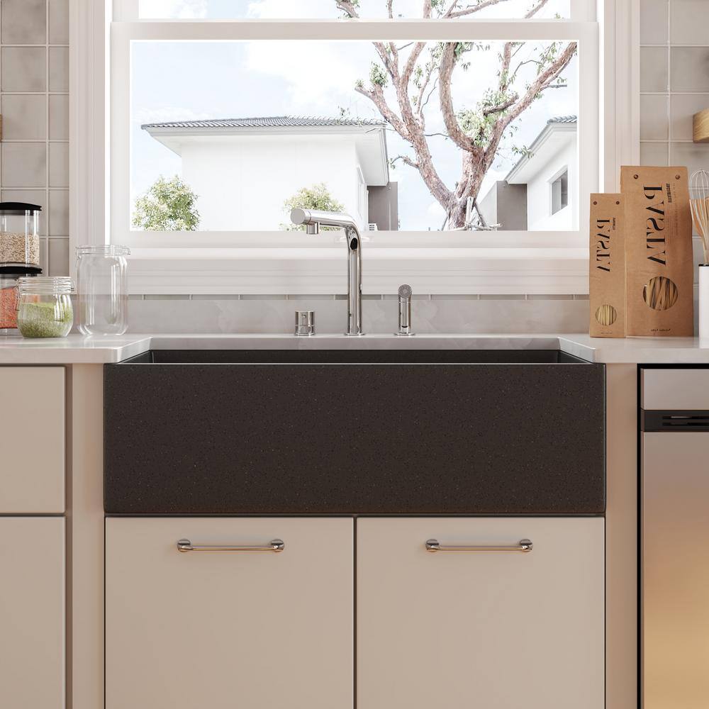 Dark Brown Concrete Farmhouse Kitchen Sink with Stainless Steel Grid