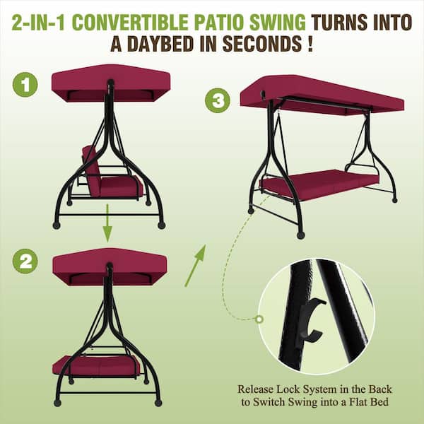 3-Person Metal Patio Swing with Converting and Adjustable Canopy and UV Resistant Cushions in Wine Red