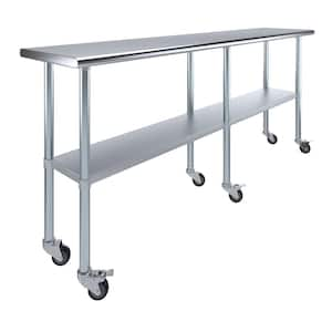 18 in. x 84 in. Stainless Steel Work Table with Casters : Mobile Metal Kitchen Utility Table with Bottom Shelf