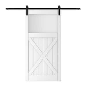 42 in. x 84 in. 1 Lite Tempered Frosted Glass with X Design White MDF Barn Door Slab with Installation Hardware Kit