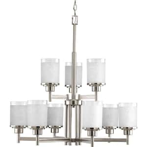 Alexa Collection 9-Light Brushed Nickel Etched Linen With Clear Edge Glass Modern Chandelier Light