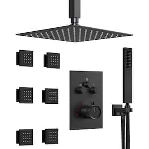 Multiple Press 7-Spray Ceiling Mount 12 in. Fixed and Handheld Shower Head 2.5 GPM in Matte Black