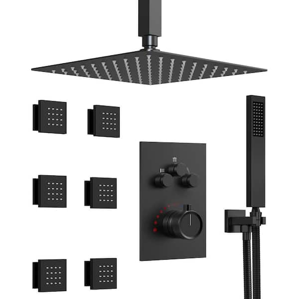GRANDJOY Multiple Press 7-Spray Ceiling Mount 12 in. Fixed and Handheld Shower Head 2.5 GPM in Matte Black