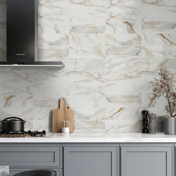 Calcatta Gold Matte White and Gold Porcelain Marble Look Subway Tile 4 in. x 12 in., Floor and Wall (4.99 sq. ft./Case)