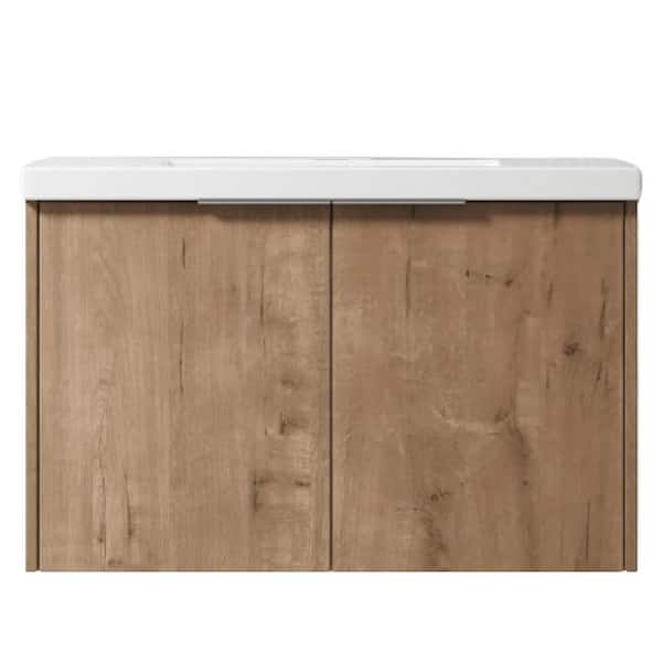 Adrinfly 29.50 in. W x 18.13 in. D x 19.31 in. H Float Mounting Bath Vanity in Imitative Oak with White Ceramic Top Sink 2-Doors