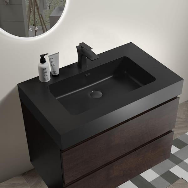 30 in. Single Sink Wall Mounted Rose Wood Bath Vanity with Black Solid Surface Top Unassembled without Drain and Faucet