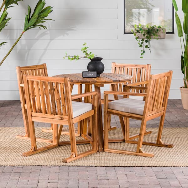 Natural 5-Piece Modern Slatted Wood Geometric Outdoor Dining Set with Bisque Cushions