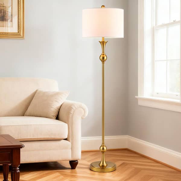 60 in. Brushed Gold 1-Light Standard Floor Lamp for Living Room with Fabric Drum Shade