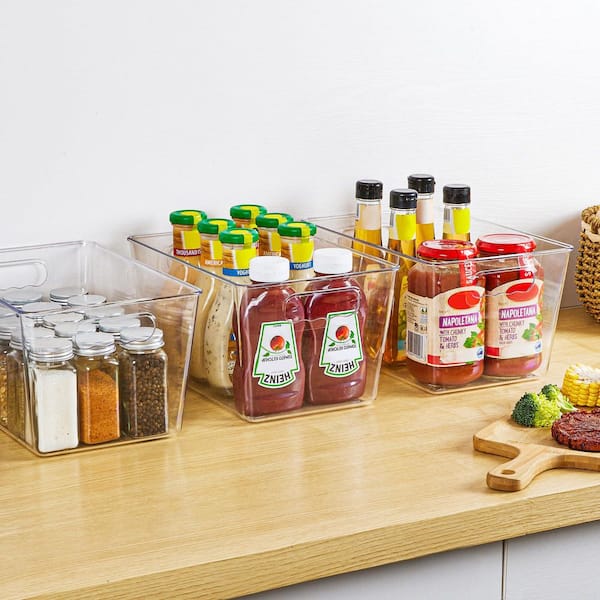 4-Piece Clear Plastic Pantry Organizer Bins with Handle for Kitchen Freezer Cabinet Closet Bathroom Under Sink Storage