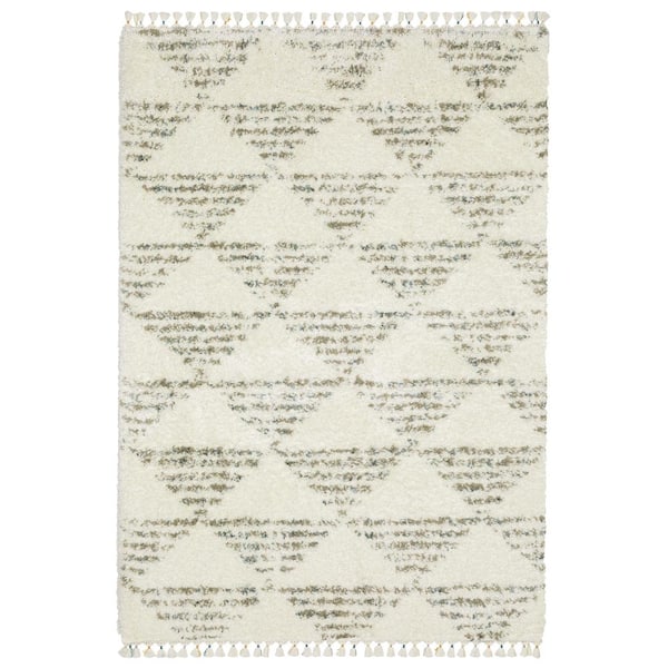 Avalon Ivory/Multi-Colored 4 ft. x 6 ft. Geometric Triangles Polypropylene Shag Tassel Indoor Area Rug