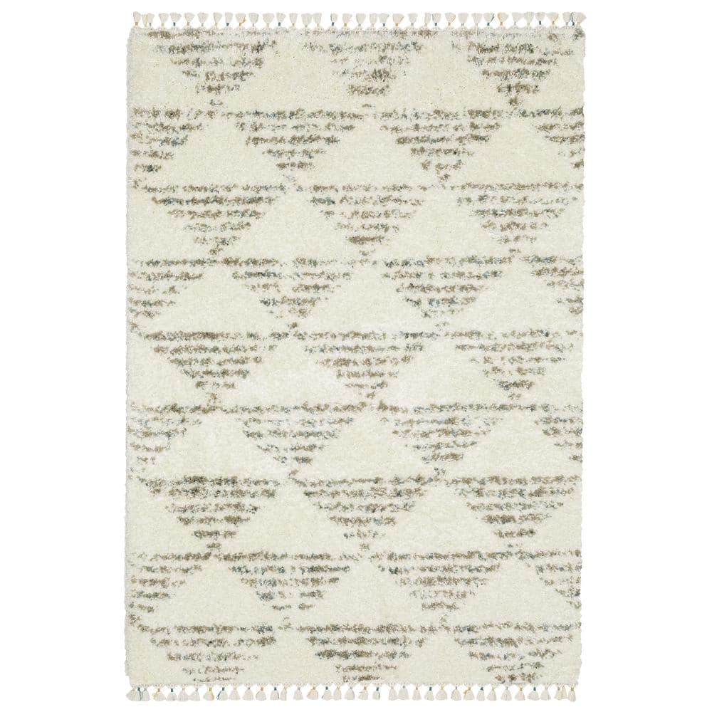 Avalon Ivory/Multi-Colored 8 ft. x 11 ft. Geometric Triangles Polypropylene Shag Tassel Indoor Area Rug product image for price tracking