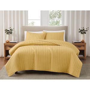 3-Piece Mustard Yellow Solid Cotton Percale King Quilt Set